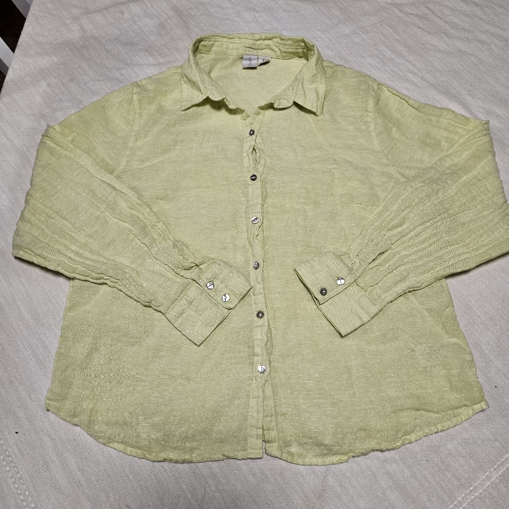 Joie 100% Linen Pale Green Button Down Blouse Mother Of Pearl Buttons XL Coastal